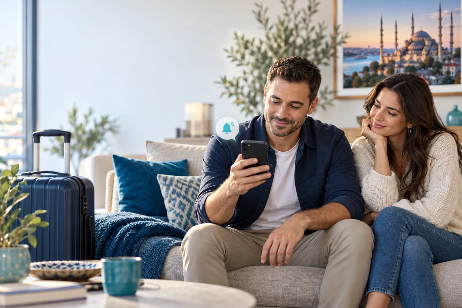 Illustration of an international patient reviewing follow-up information on his phone at home with his partner