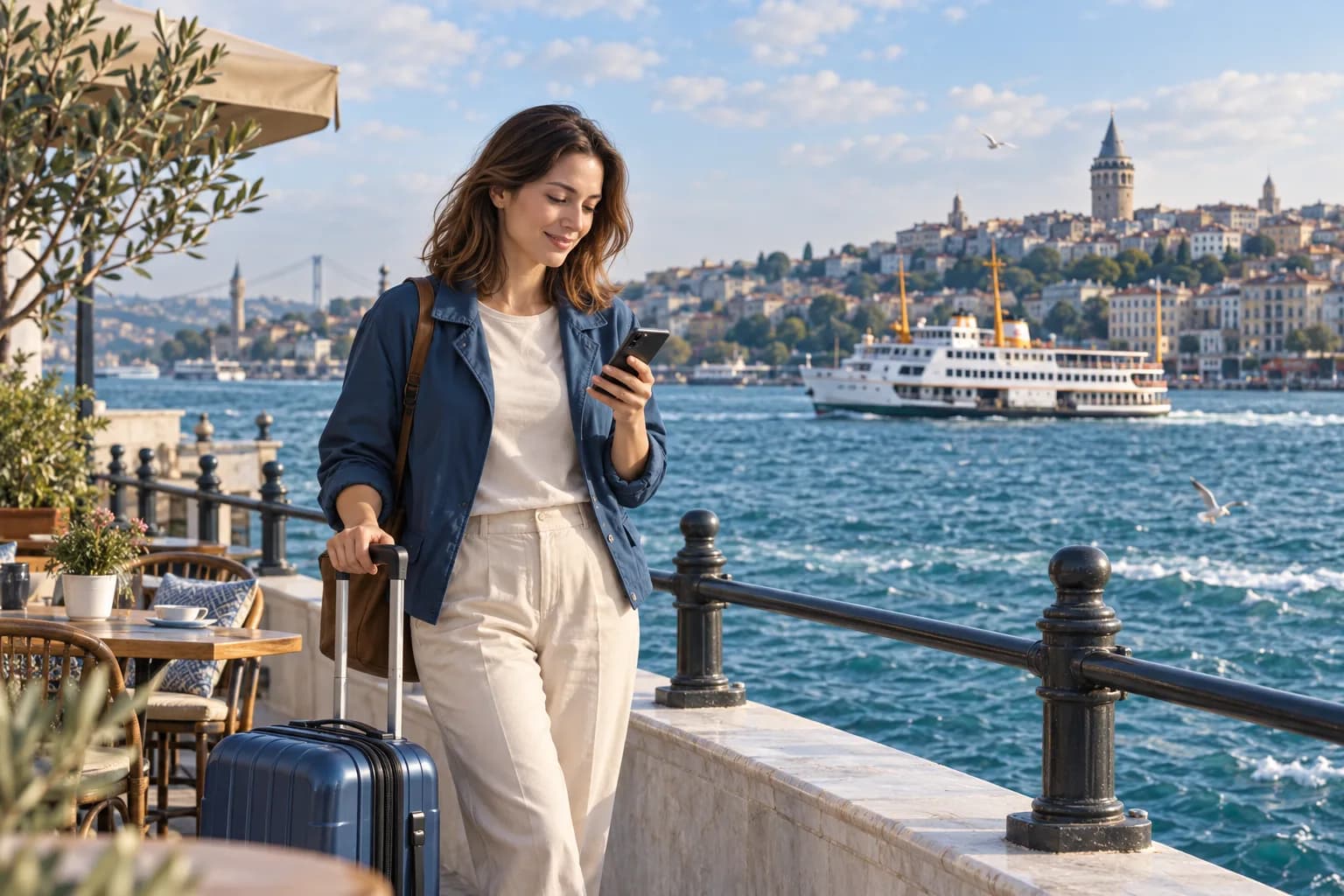 Illustration of a traveller checking her phone beside her suitcase on Istanbul’s waterfront