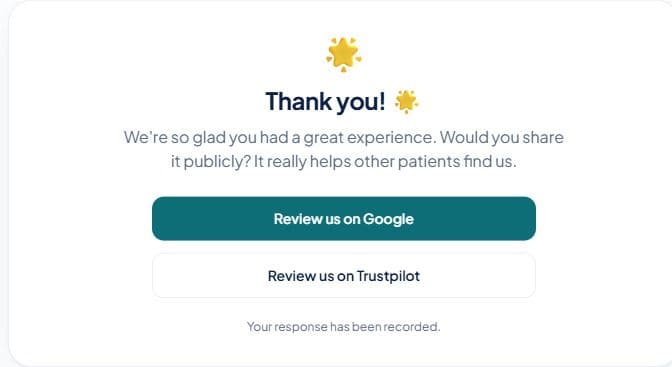 Google and Trustpilot review invitation shown in the app after the patient survey